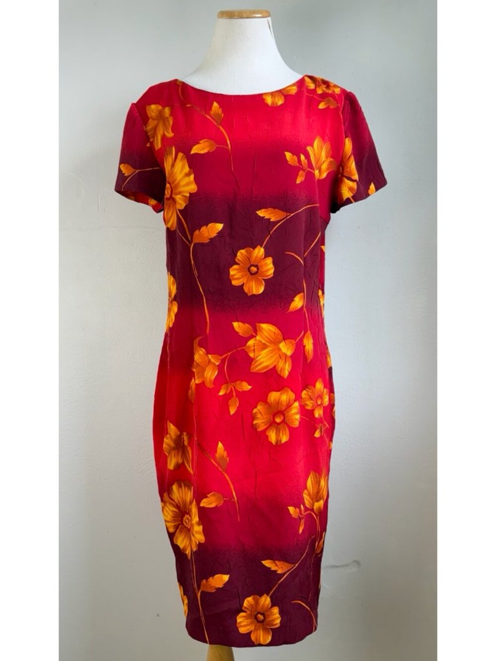 Vintage Red Floral Ombre Gradient Dress Size Medium 90s Crinkled Cottagecore